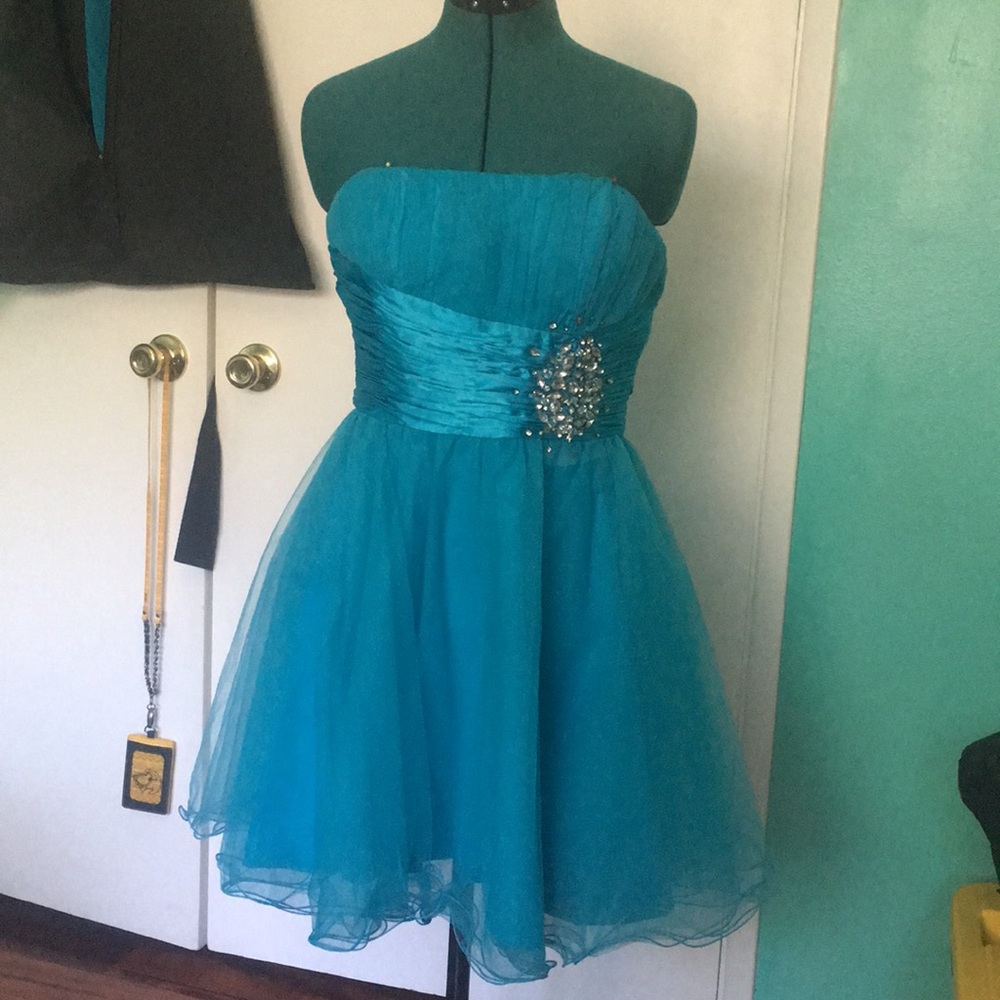 Blue Rhinestoned Formal Party Dress